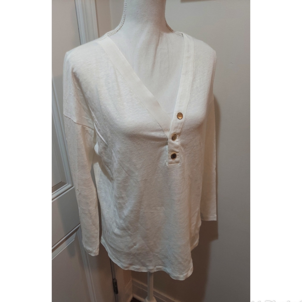 Sandro White Long Sleeve Linen V-neck tee Size 3/Large! nwot